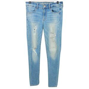 American Eagle Super Stretch Jegging Womens 8L Whiskered Distressed Ripped Denim
